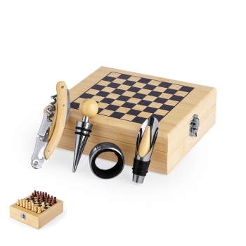 Set de vinos de bambú con tablero de ajedrez incluido 4 accesorios
