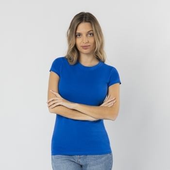 Camiseta Seiyo de mujer en color — 100% algodón Ring Spun peinado 160 g/m², corte moderno con cosido lateral y cuello canalé 2x2