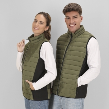 Chaleco Toret adulto — combinación soft shell / poliéster acolchado resistente al agua, detalles y laterales en negro, bolsillos cremallera