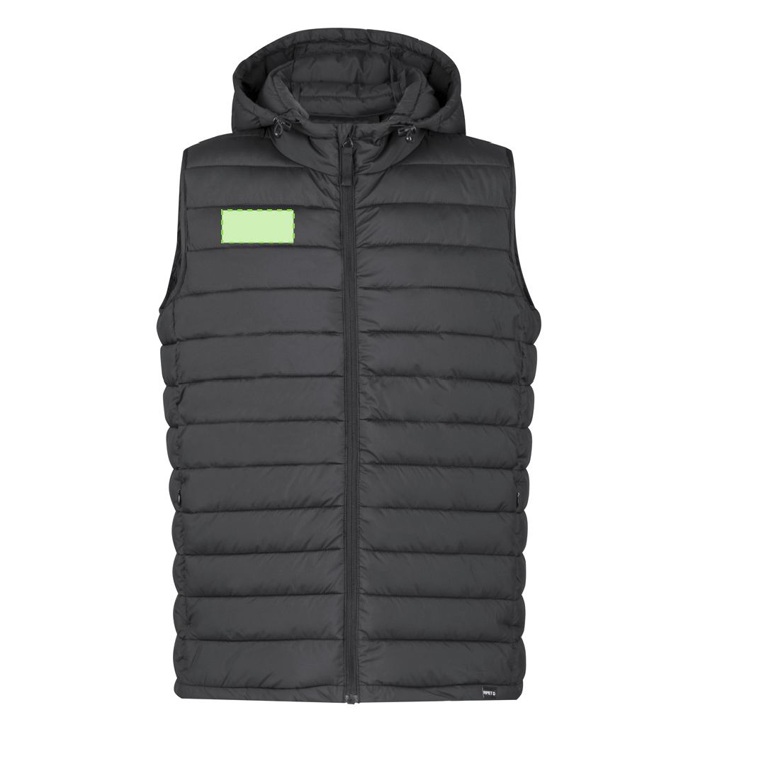 Chaleco Dempax adulto RPET acolchado con capucha ajustable — 100% RPET efecto pluma, bolsillos cremallera, funda de transporte RPET, tallas XS-XXL