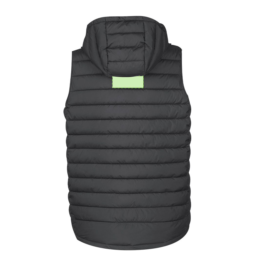Chaleco Dempax adulto RPET acolchado con capucha ajustable — 100% RPET efecto pluma, bolsillos cremallera, funda de transporte RPET, tallas XS-XXL