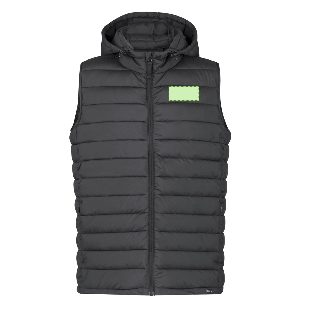 Chaleco Dempax adulto RPET acolchado con capucha ajustable — 100% RPET efecto pluma, bolsillos cremallera, funda de transporte RPET, tallas XS-XXL