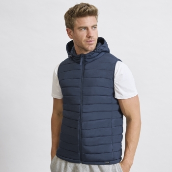 Chaleco Dempax adulto RPET acolchado con capucha ajustable — 100% RPET efecto pluma, bolsillos cremallera, funda de transporte RPET, tallas XS-XXL