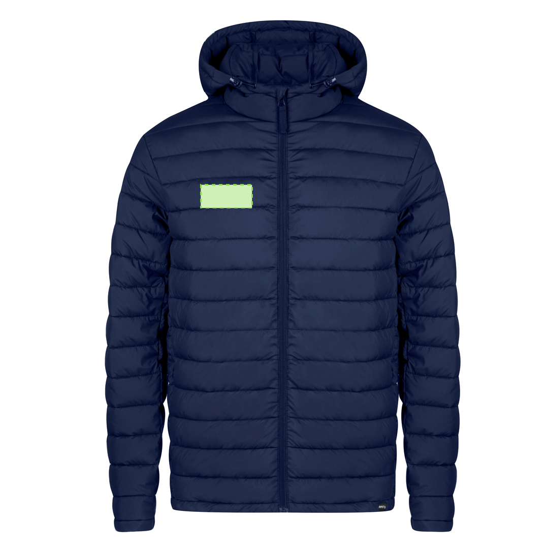 Chaqueta Likpan adulto RPET acolchada con capucha ajustable — 100% RPET efecto pluma, bolsillos cremallera, funda de transporte RPET, tallas XS-XXL