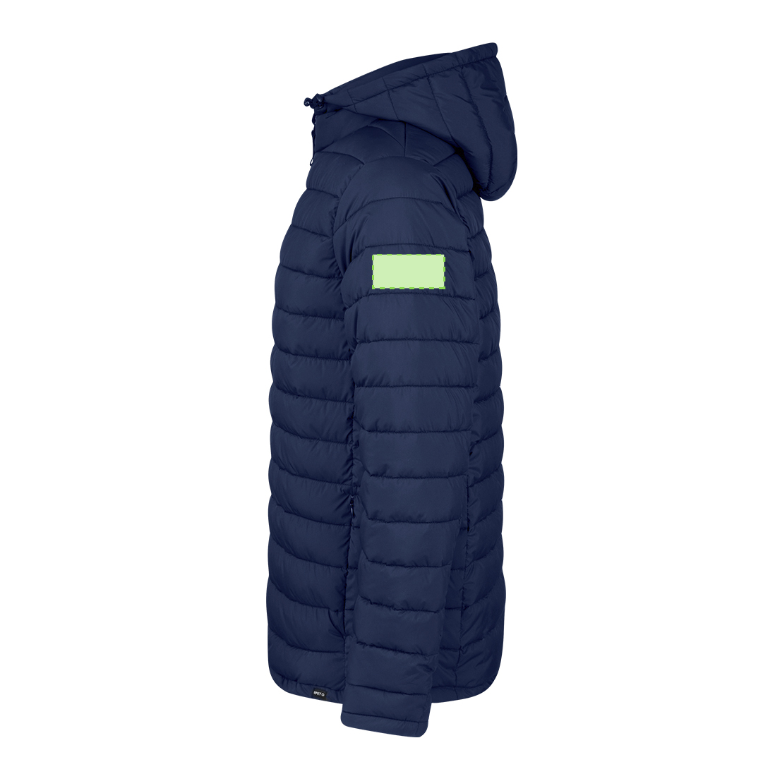Chaqueta Likpan adulto RPET acolchada con capucha ajustable — 100% RPET efecto pluma, bolsillos cremallera, funda de transporte RPET, tallas XS-XXL