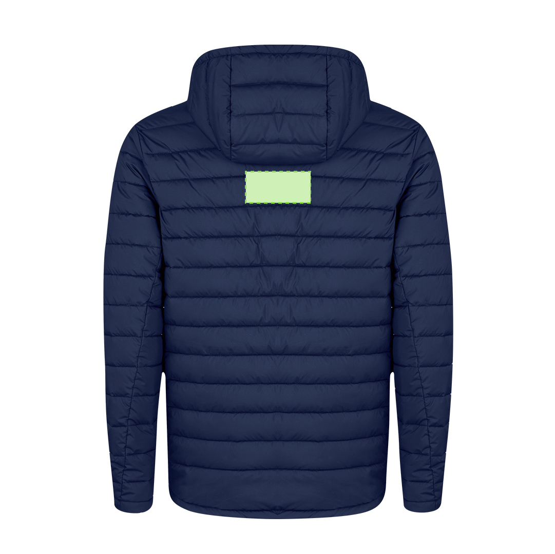 Chaqueta Likpan adulto RPET acolchada con capucha ajustable — 100% RPET efecto pluma, bolsillos cremallera, funda de transporte RPET, tallas XS-XXL
