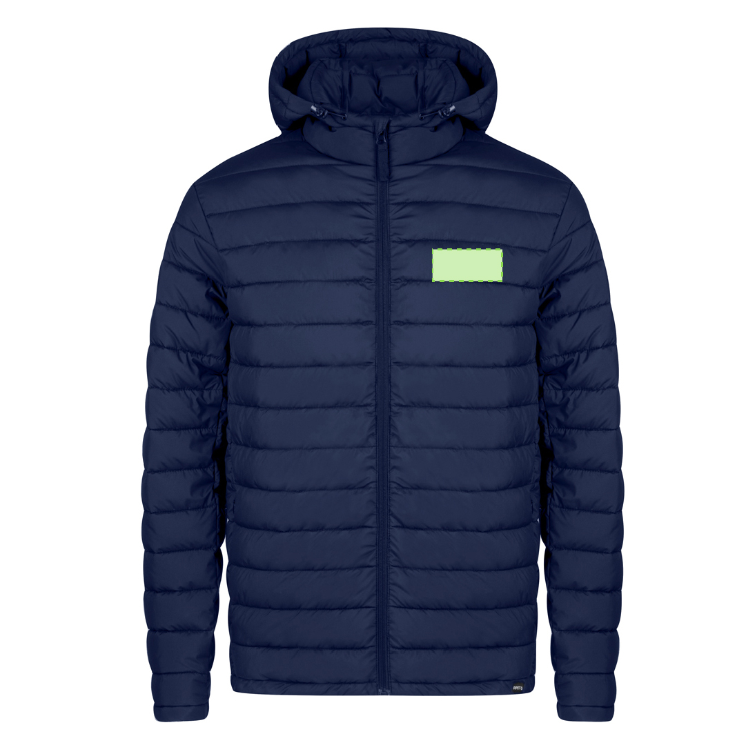 Chaqueta Likpan adulto RPET acolchada con capucha ajustable — 100% RPET efecto pluma, bolsillos cremallera, funda de transporte RPET, tallas XS-XXL