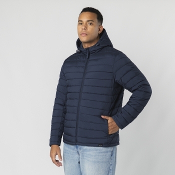 Chaqueta Likpan adulto RPET acolchada con capucha ajustable — 100% RPET efecto pluma, bolsillos cremallera, funda de transporte RPET, tallas XS-XXL