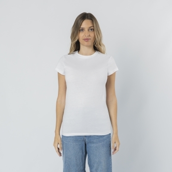 Camiseta Seiyo mujer blanca — 100% algodón Ring Spun 160 g/m², diseño tubular con cuello redondo, tallas S-XXL
