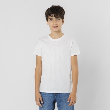 Camiseta Seiyo niño blanca — 100% algodón Ring Spun 160 g/m², diseño tubular con cuello redondo, tallas infantiles