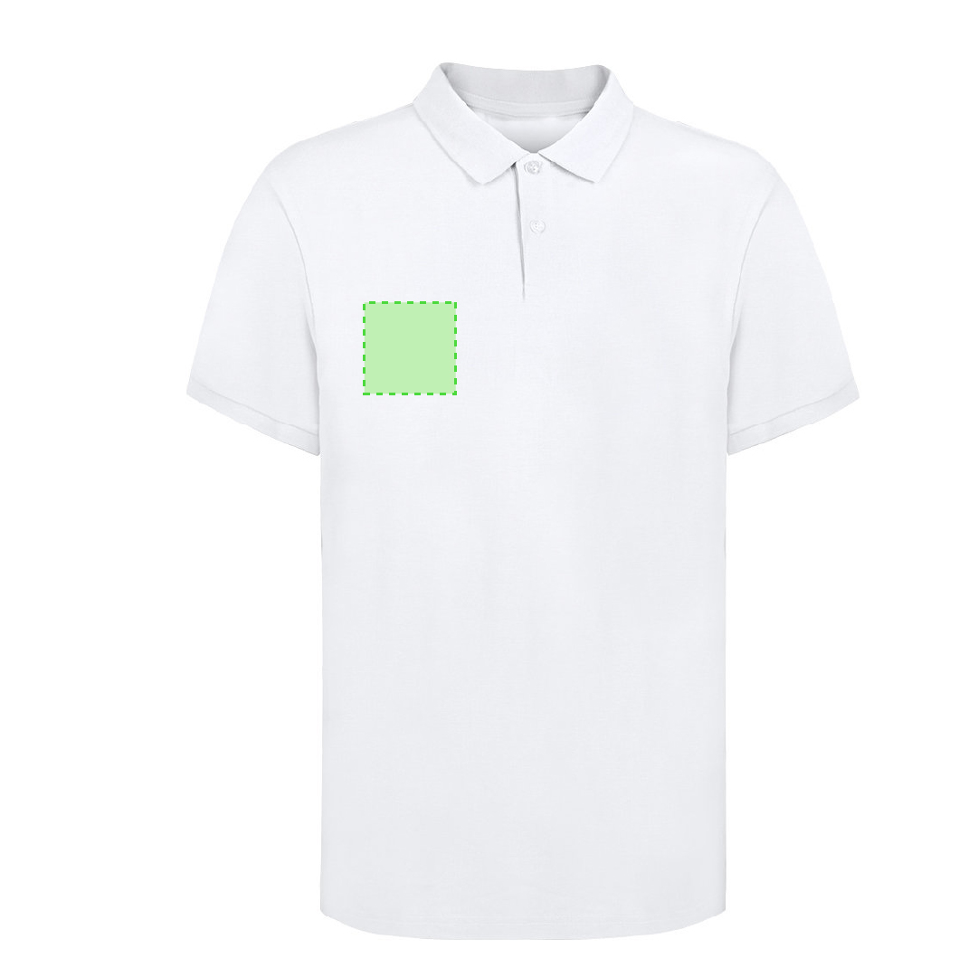Polo Koupan adulto blanco — 100% algodón Ring Spun piqué 220 g/m², 2 botones a juego y aperturas laterales, tallas S-3XL