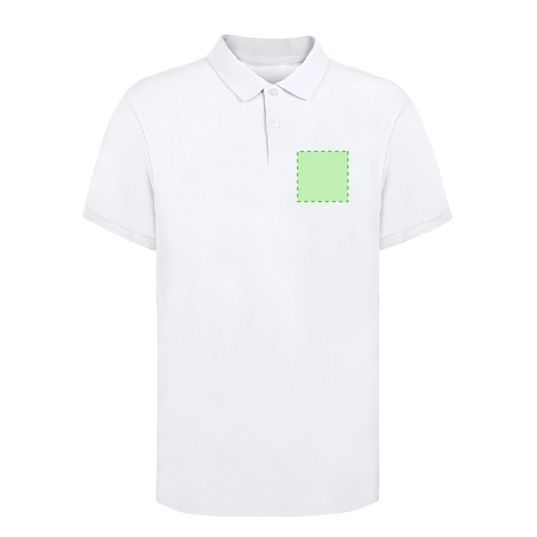 Polo Koupan adulto blanco — 100% algodón Ring Spun piqué 220 g/m², 2 botones a juego y aperturas laterales, tallas S-3XL