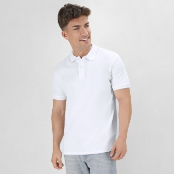 Polo Koupan adulto blanco — 100% algodón Ring Spun piqué 220 g/m², 2 botones a juego y aperturas laterales, tallas S-3XL