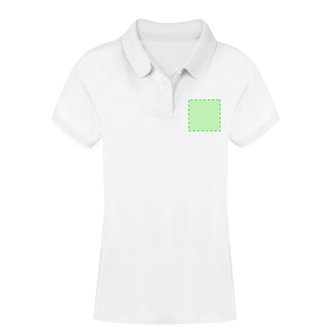 Polo Koupan mujer blanco — 100% algodón Ring Spun piqué 220 g/m², 2 botones a juego y aperturas laterales, tallas S-XXL