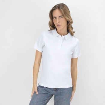 Polo Koupan mujer blanco — 100% algodón Ring Spun piqué 220 g/m², 2 botones a juego y aperturas laterales, tallas S-XXL