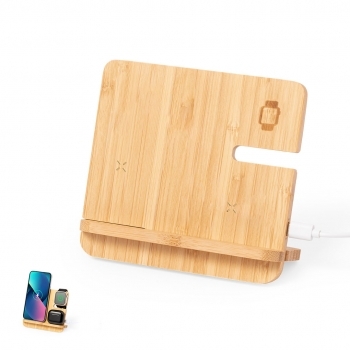 Multicargador inalámbrico 15W 3 en 1 fabricado en bambú para smartphone, auriculares y smartwatch