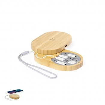 Cargador inalámbrico de bambú 15W con set completo de cables cargadores incluido