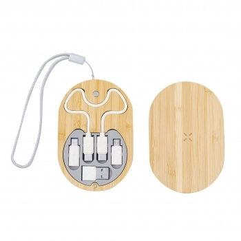 Cargador inalámbrico de bambú 15W con set completo de cables cargadores incluido