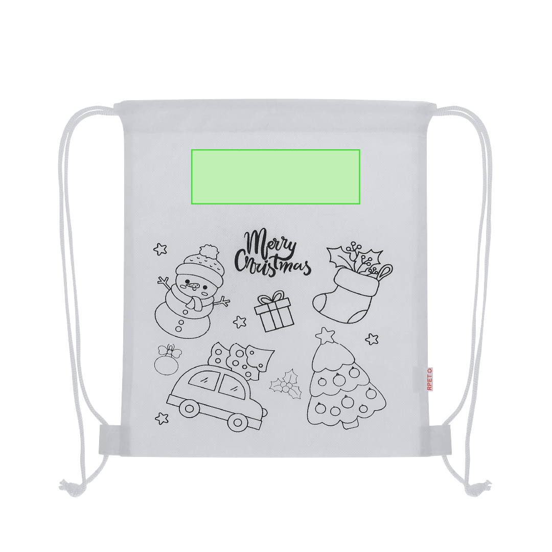 Mochila infantil navideña para colorear Taky — non-woven RPET con diseño navideño, 4 ceras incluidas, cuerdas autocierre