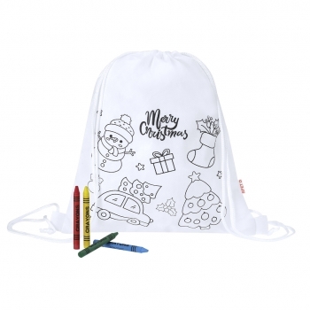 Mochila infantil navideña para colorear Taky — non-woven RPET con diseño navideño, 4 ceras incluidas, cuerdas autocierre