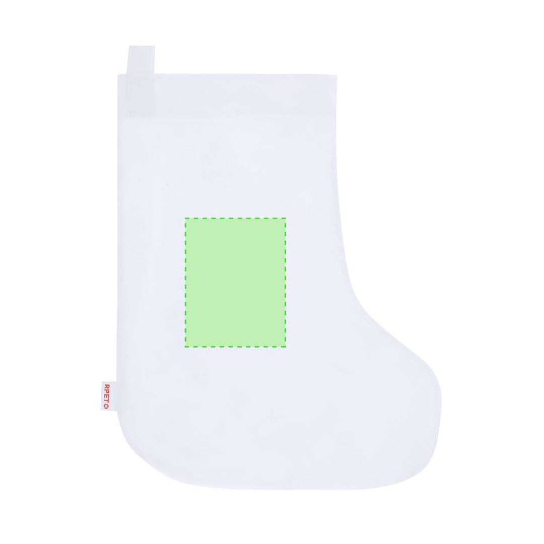 Calcetín navideño para colorear Mordy — non-woven RPET blanco con dibujos navideños, 5 ceras incluidas, cinta para colgar y termosellado