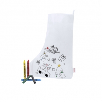 Calcetín navideño para colorear Mordy — non-woven RPET blanco con dibujos navideños, 5 ceras incluidas, cinta para colgar y termosellado