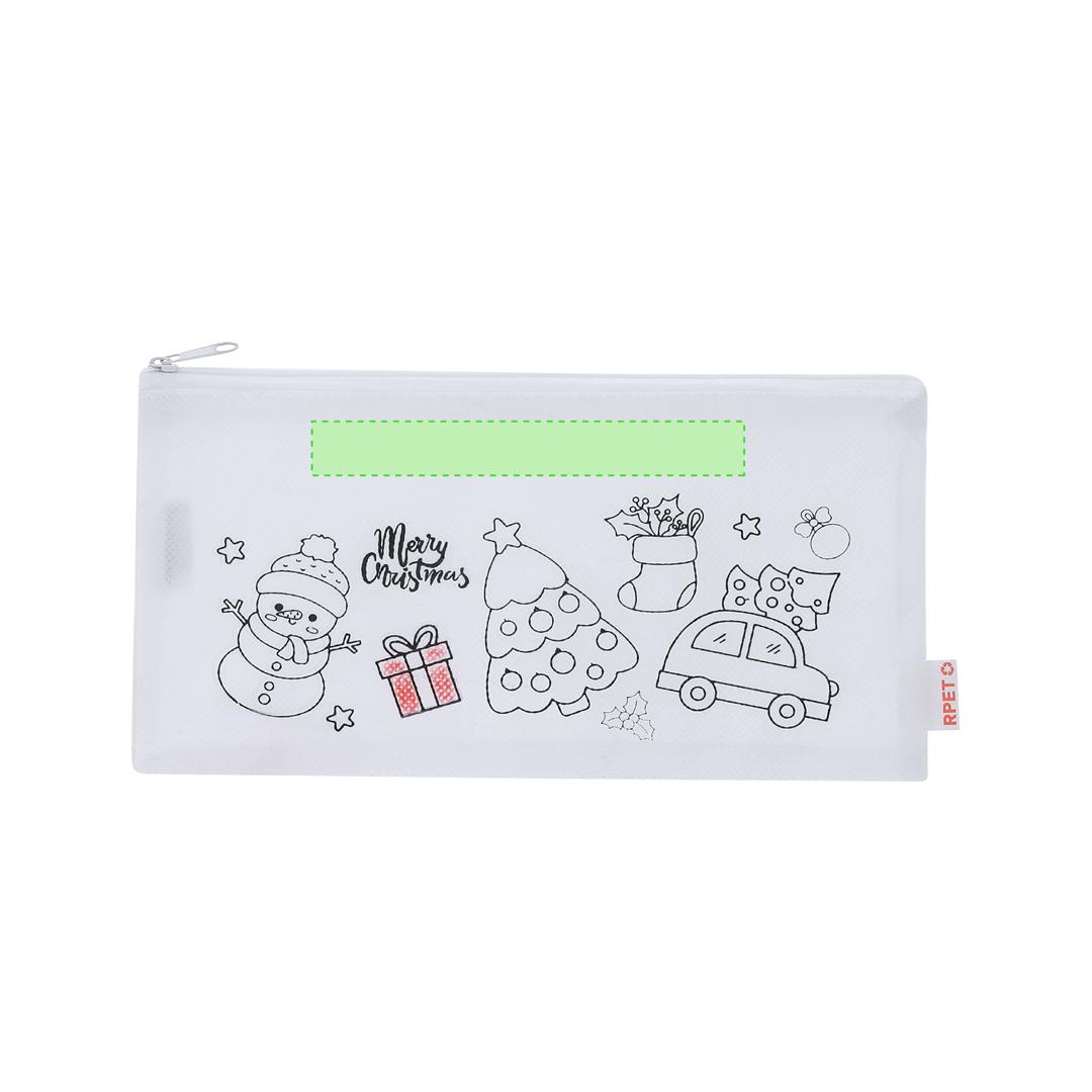 Estuche navideño para colorear Flemenk — non-woven RPET con motivos navideños, 5 ceras incluidas, cremallera y tirador metálico
