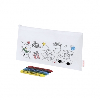 Estuche navideño para colorear Flemenk — non-woven RPET con motivos navideños, 5 ceras incluidas, cremallera y tirador metálico