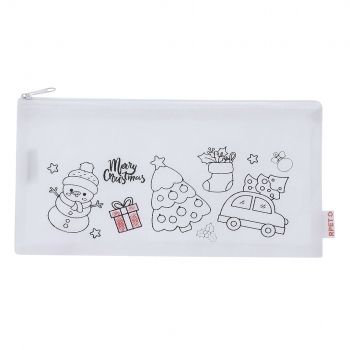Estuche navideño para colorear Flemenk — non-woven RPET con motivos navideños, 5 ceras incluidas, cremallera y tirador metálico