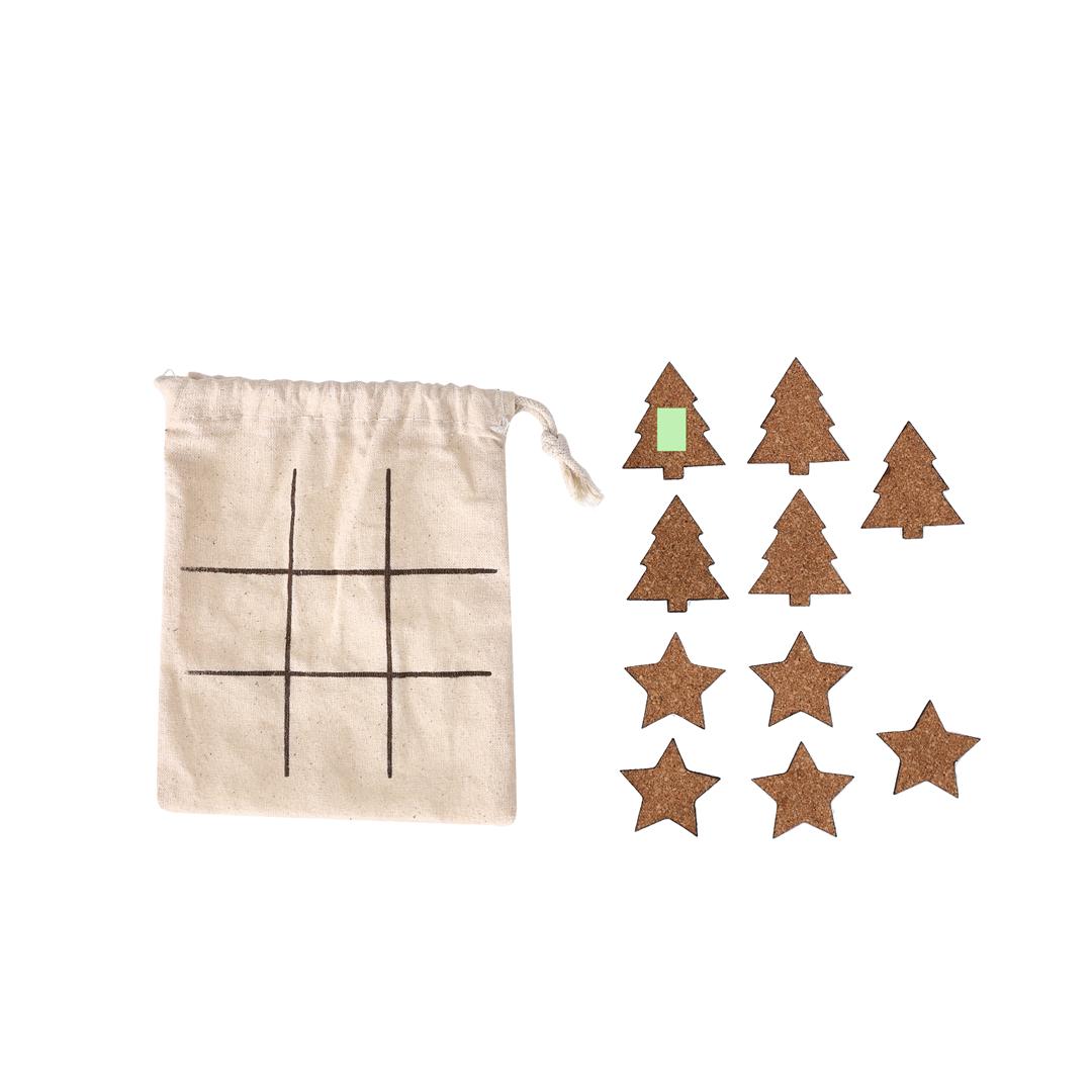 Tres en raya navideño Bronso de corcho — 10 piezas (5 árboles + 5 estrellas), presentado en bolsa de algodón que es el tablero de juego
