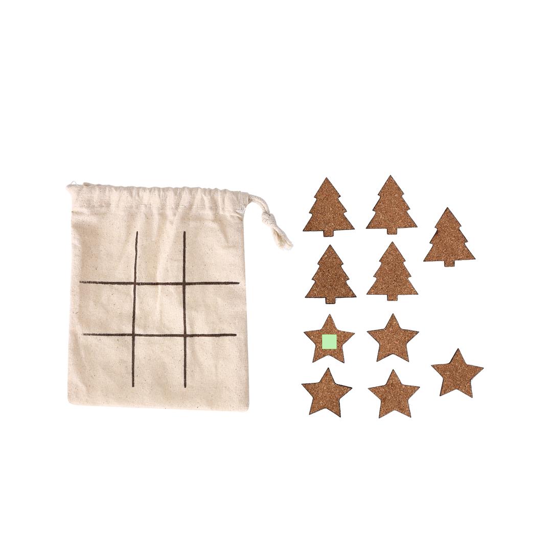 Tres en raya navideño Bronso de corcho — 10 piezas (5 árboles + 5 estrellas), presentado en bolsa de algodón que es el tablero de juego