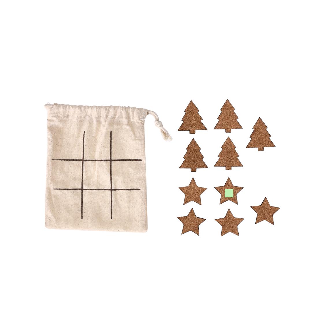 Tres en raya navideño Bronso de corcho — 10 piezas (5 árboles + 5 estrellas), presentado en bolsa de algodón que es el tablero de juego