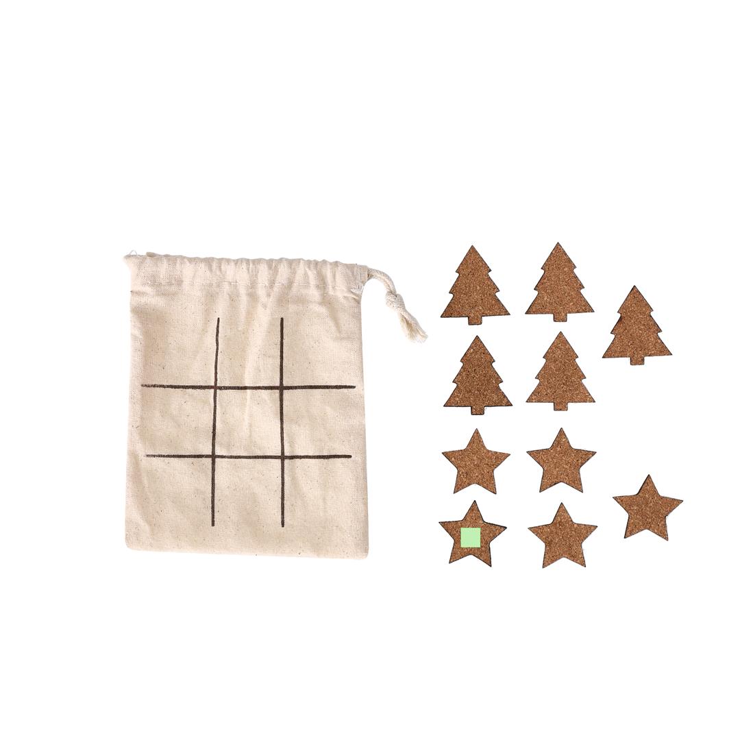 Tres en raya navideño Bronso de corcho — 10 piezas (5 árboles + 5 estrellas), presentado en bolsa de algodón que es el tablero de juego