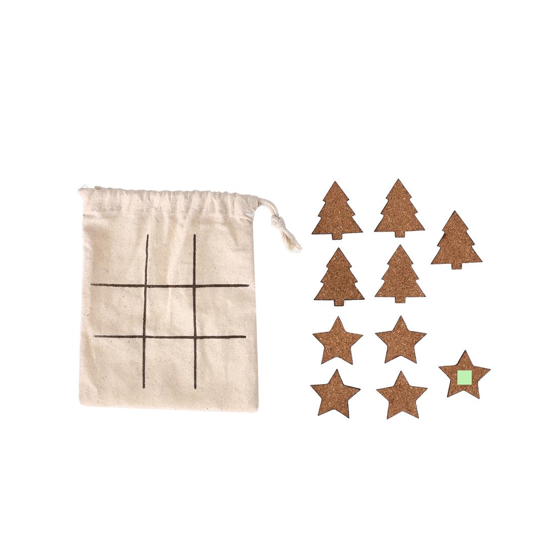 Tres en raya navideño Bronso de corcho — 10 piezas (5 árboles + 5 estrellas), presentado en bolsa de algodón que es el tablero de juego