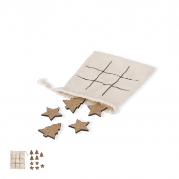 Tres en raya navideño Bronso de corcho — 10 piezas (5 árboles + 5 estrellas), presentado en bolsa de algodón que es el tablero de juego