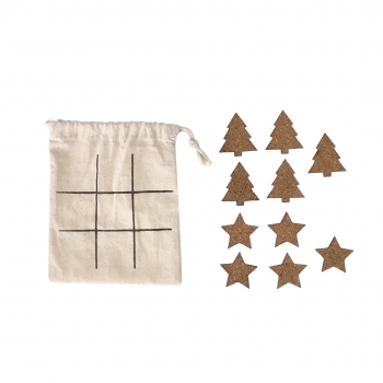 Tres en raya navideño Bronso de corcho — 10 piezas (5 árboles + 5 estrellas), presentado en bolsa de algodón que es el tablero de juego