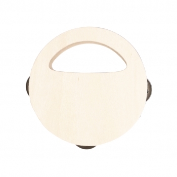 Pandereta de madera circular con asa agarre y 3 platillos dobles metálicos