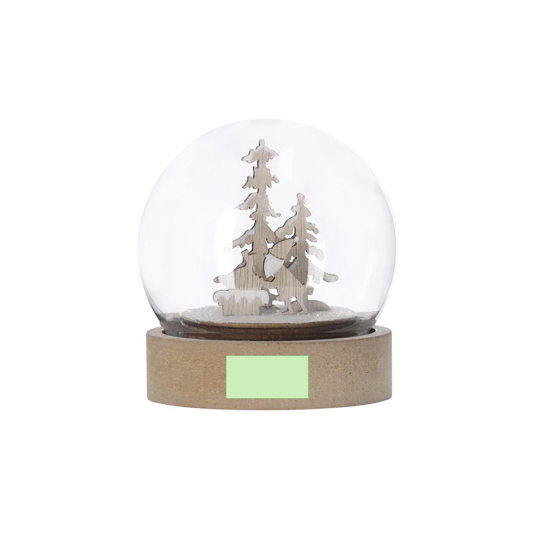 Bola navideña iluminada Cemayer — acrílico/MDF, 1 LED blanco interior, base madera para impresión, 3 pilas botón incluidas, ON/OFF