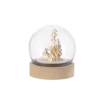 Bola navideña iluminada Cemayer — acrílico/MDF, 1 LED blanco interior, base madera para impresión, 3 pilas botón incluidas, ON/OFF