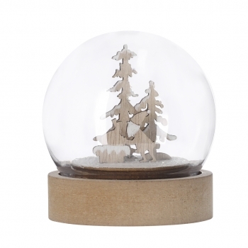 Bola navideña iluminada Cemayer — acrílico/MDF, 1 LED blanco interior, base madera para impresión, 3 pilas botón incluidas, ON/OFF