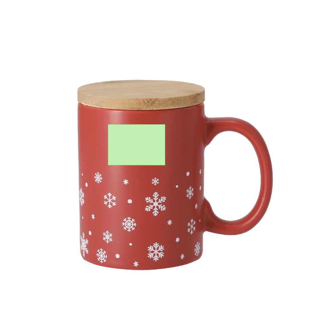 Taza navideña Helogran cerámica + bambú — 300 ml, diseño copos de nieve, tapa bambú, combinaciones rojo/blanco mate, caja individual