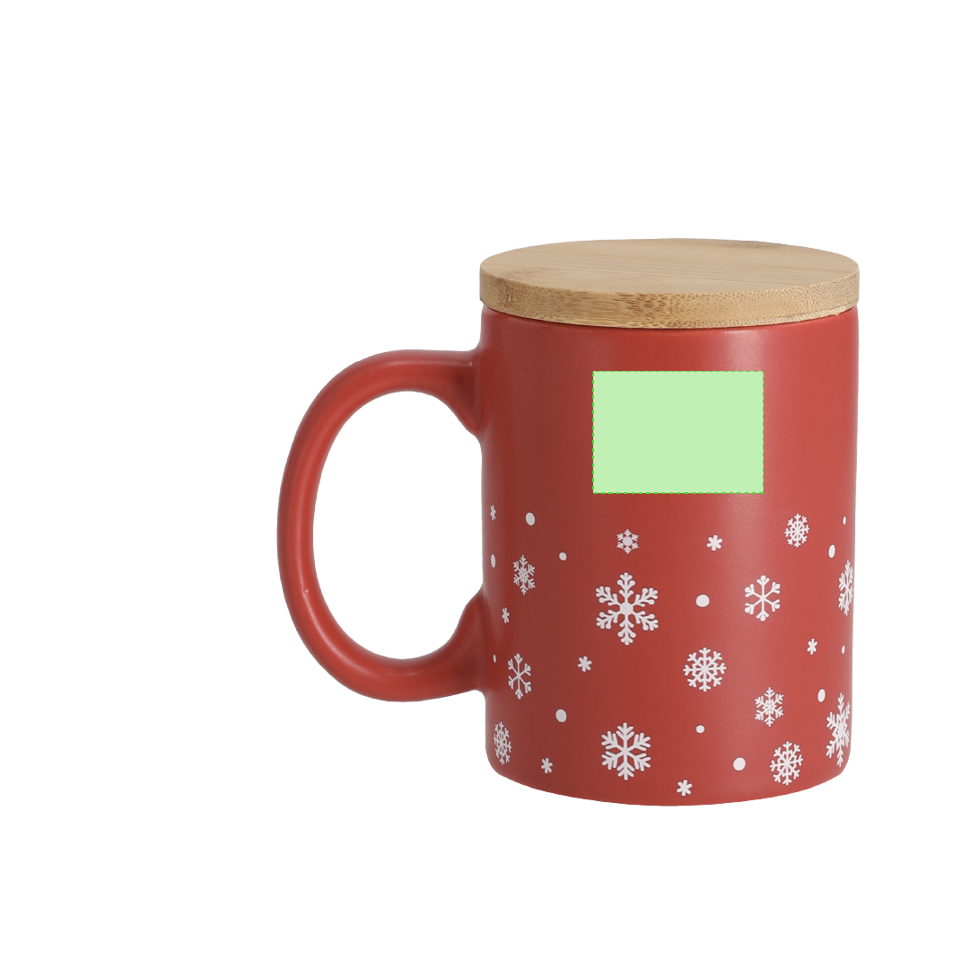 Taza navideña Helogran cerámica + bambú — 300 ml, diseño copos de nieve, tapa bambú, combinaciones rojo/blanco mate, caja individual