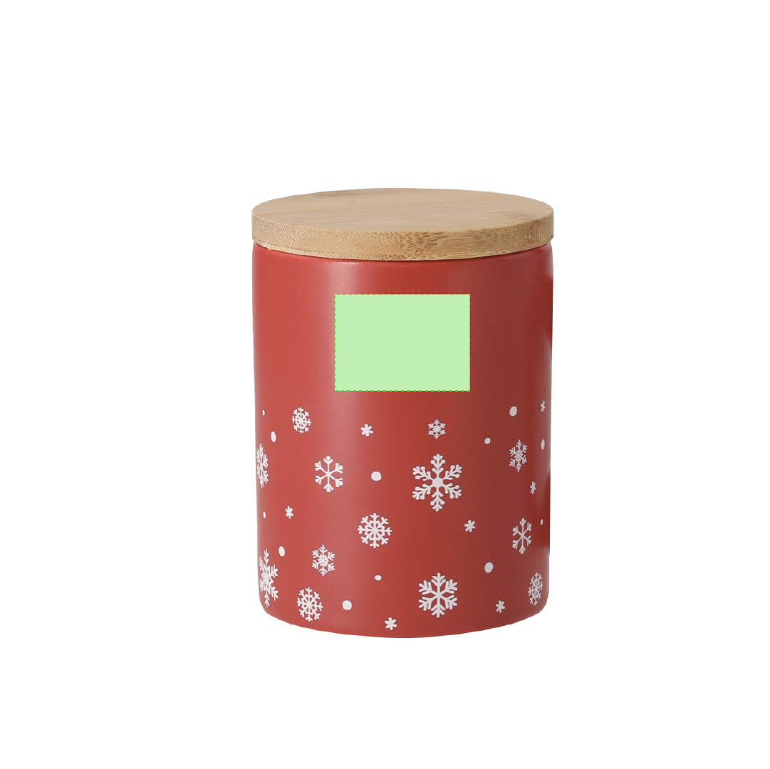 Taza navideña Helogran cerámica + bambú — 300 ml, diseño copos de nieve, tapa bambú, combinaciones rojo/blanco mate, caja individual