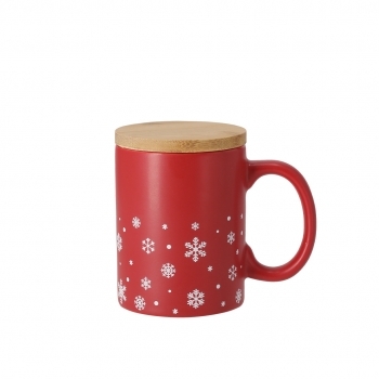 Taza navideña Helogran cerámica + bambú — 300 ml, diseño copos de nieve, tapa bambú, combinaciones rojo/blanco mate, caja individual