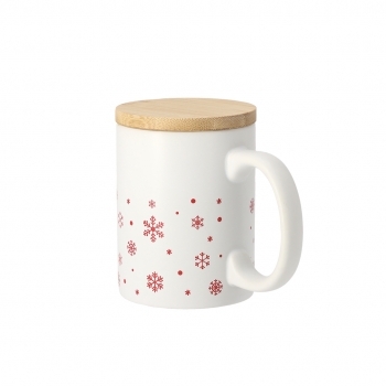 Taza navideña Helogran cerámica + bambú — 300 ml, diseño copos de nieve, tapa bambú, combinaciones rojo/blanco mate, caja individual