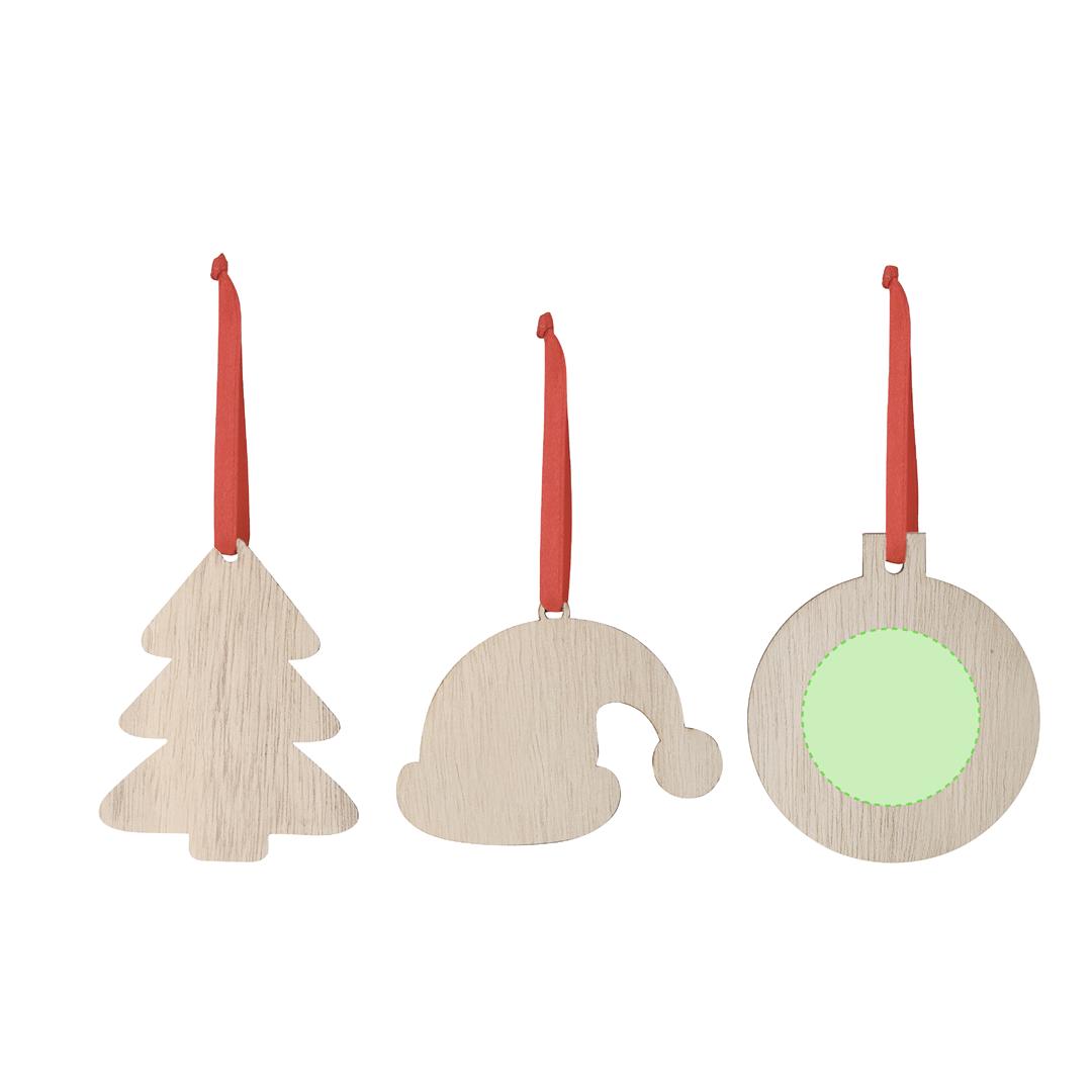 Adorno navideño sublimación Clixar de madera — 3 diseños (Gorro Papá Noel, Árbol, Bola), lazo rojo, diseñado especialmente para sublimación