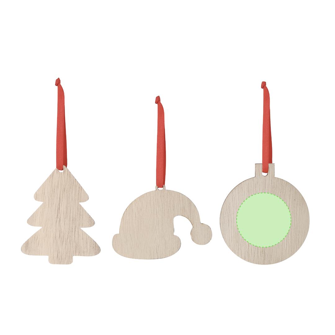 Adorno navideño sublimación Clixar de madera — 3 diseños (Gorro Papá Noel, Árbol, Bola), lazo rojo, diseñado especialmente para sublimación