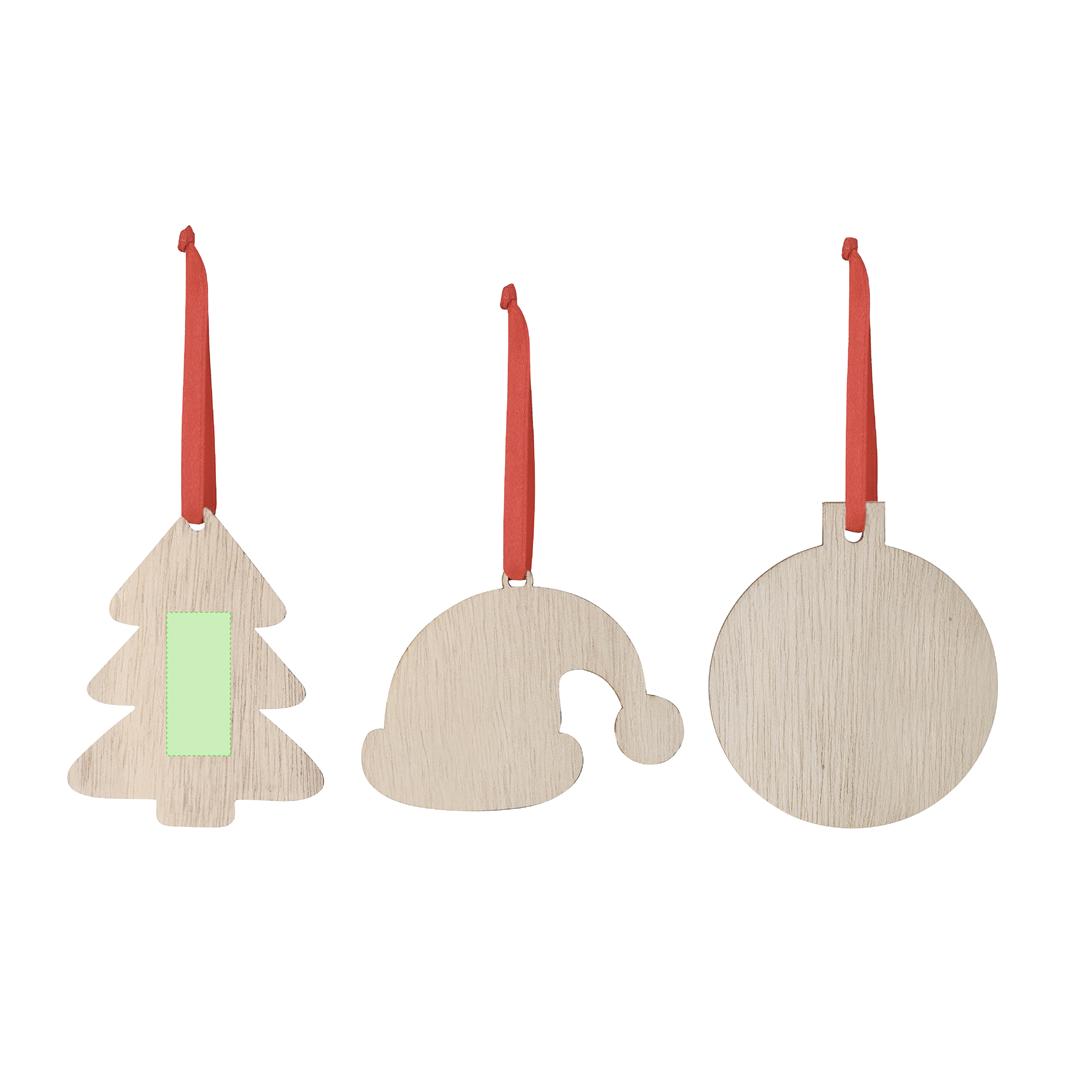 Adorno navideño sublimación Clixar de madera — 3 diseños (Gorro Papá Noel, Árbol, Bola), lazo rojo, diseñado especialmente para sublimación