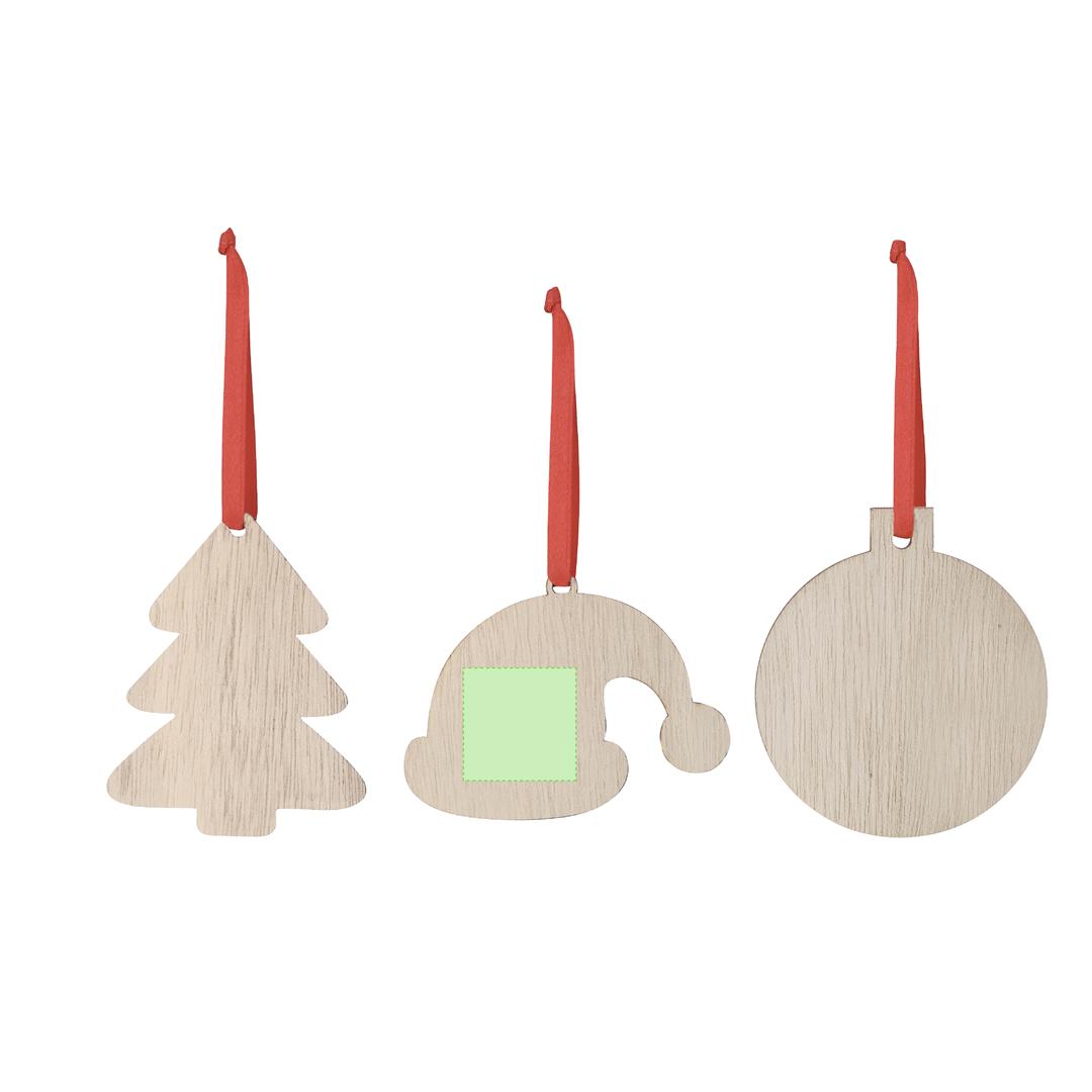 Adorno navideño sublimación Clixar de madera — 3 diseños (Gorro Papá Noel, Árbol, Bola), lazo rojo, diseñado especialmente para sublimación