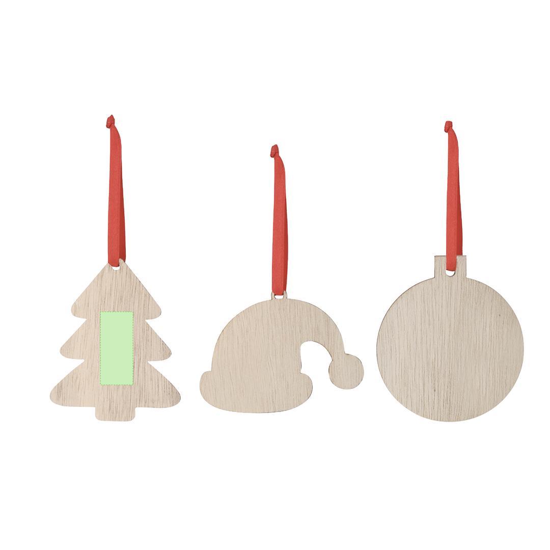 Adorno navideño sublimación Clixar de madera — 3 diseños (Gorro Papá Noel, Árbol, Bola), lazo rojo, diseñado especialmente para sublimación